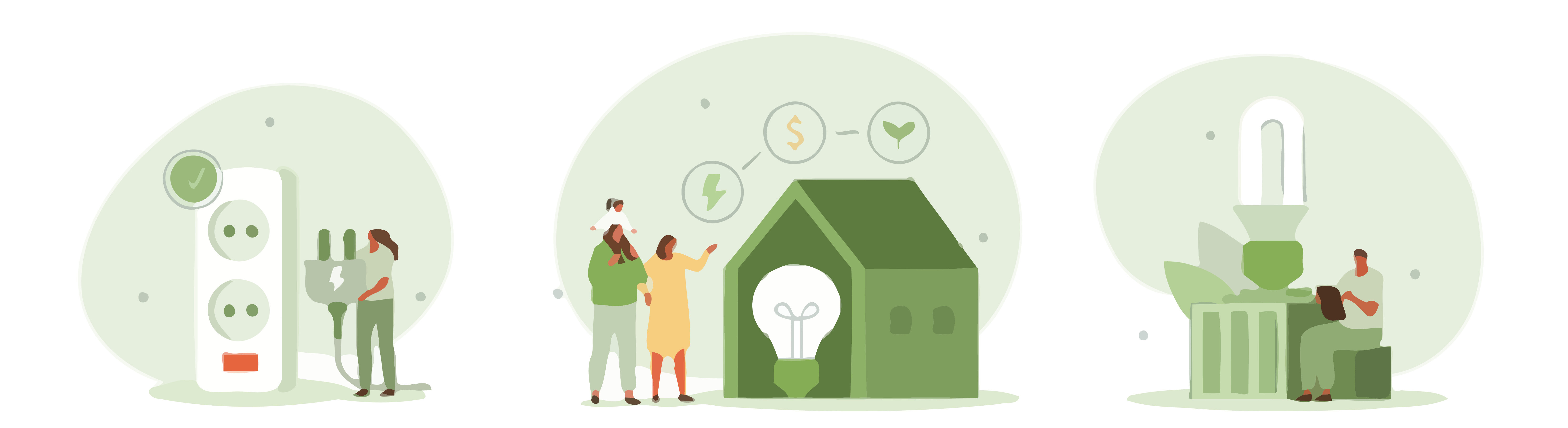home energy, efficiency, family, smart home, technology, electricity, light bulb, house, plug, socket, power, concept, illustration, flat design, people, savings, money, eco-friendly, sustainable, gre